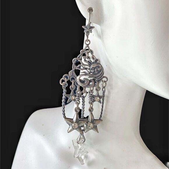 Banana Bob sun and stars 4” chandelier silver pierced earrings with crystals - Picture 5 of 6